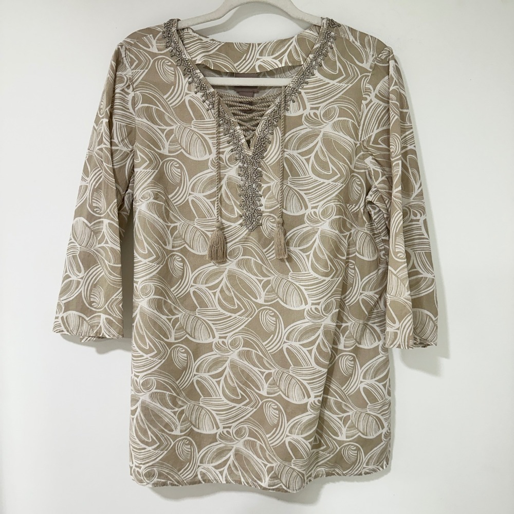 Chicos‎ Women Tunic Top Beaded V-Neck Cotton Abstract Print 1 Tan M Boho Resort